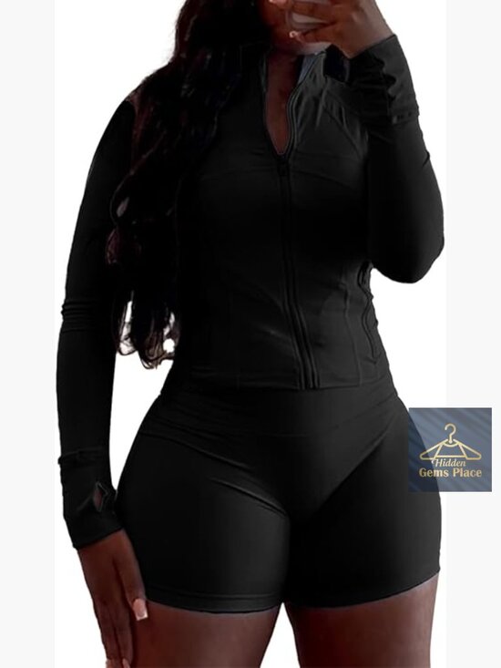 Tops - Two Piece Short Set Long Sleeve Zip Jacket Biker Shorts Sweatsuit